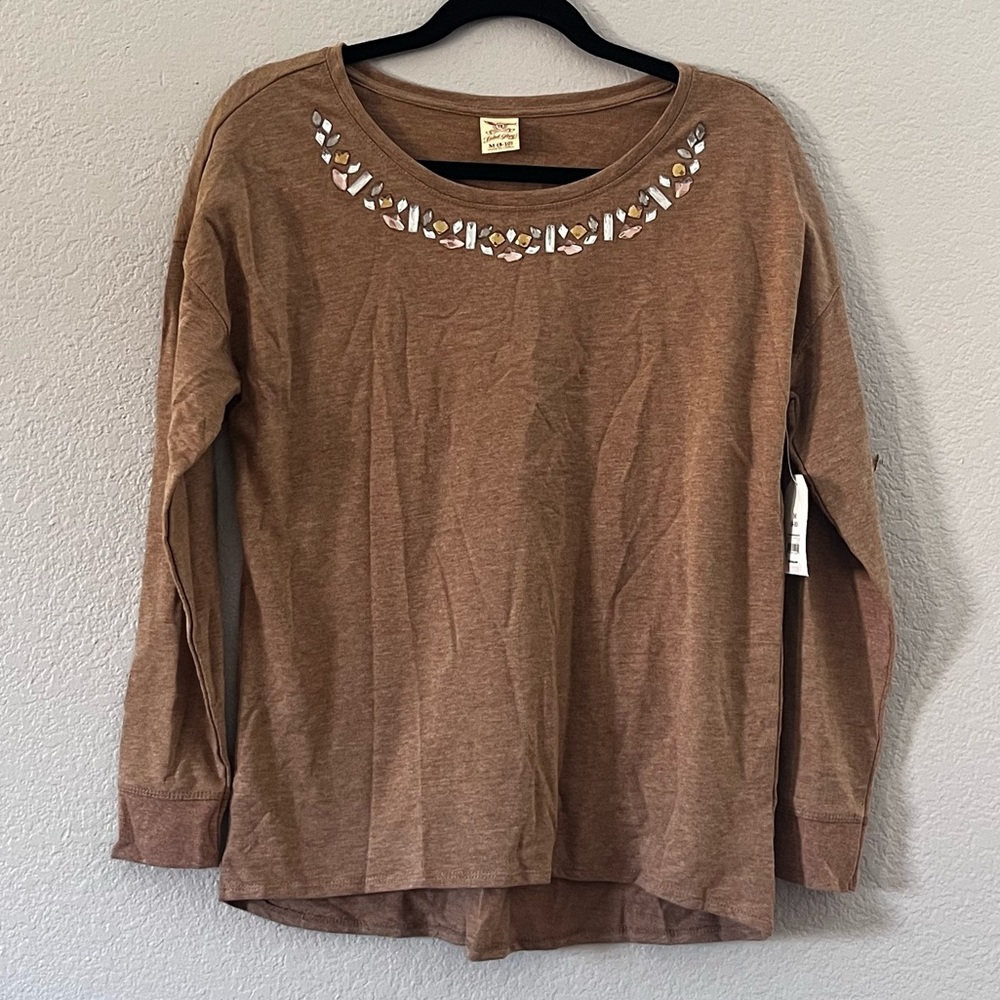 New Women's Size M Sweatshirt Long Sleeve Light Brown Faded Glory Embellished